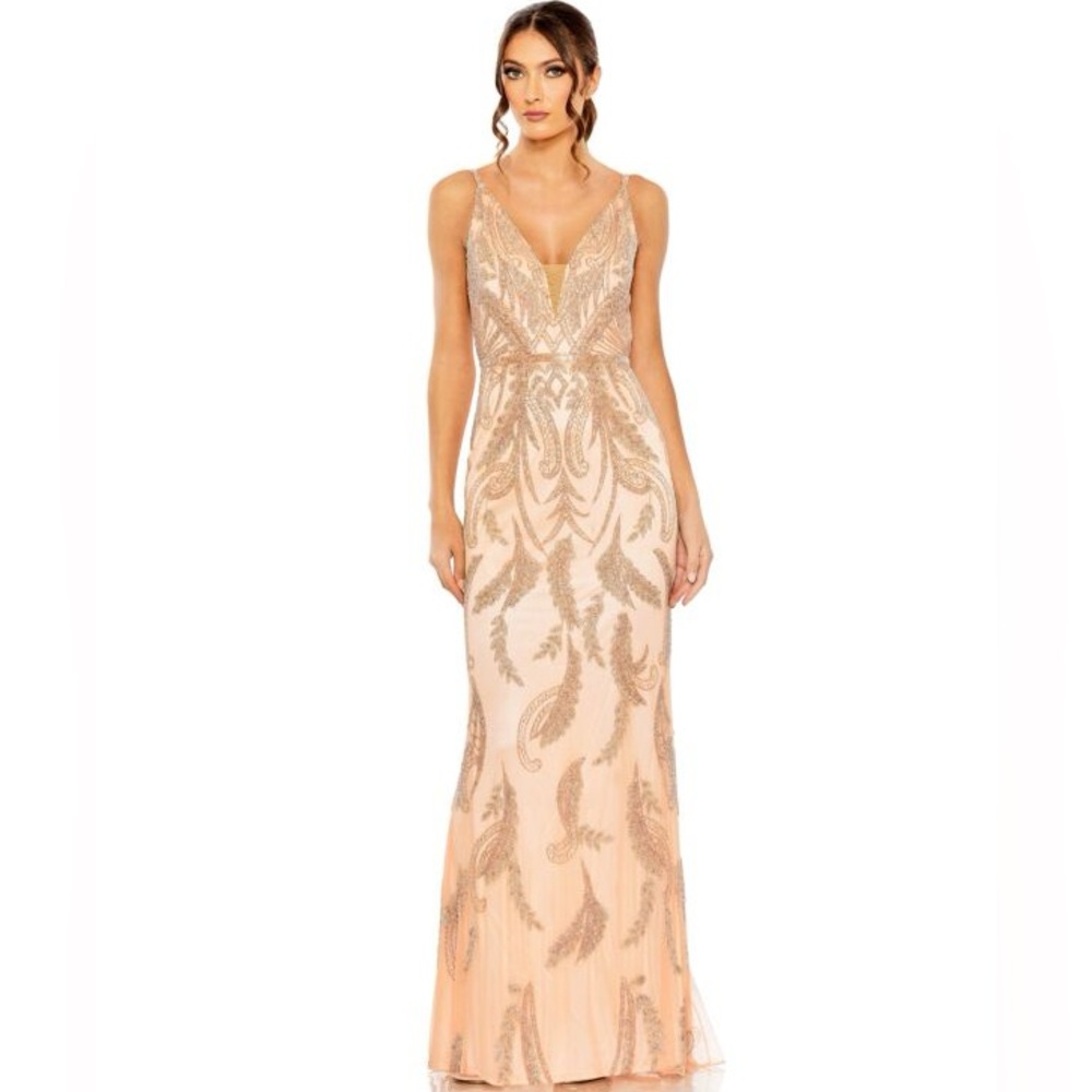 NWT Mac Duggal Open Back Apricot Embellished Gown Size 14